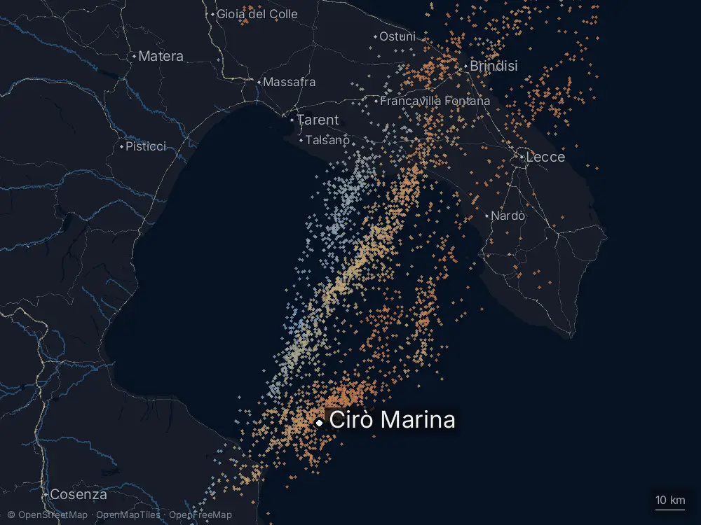 Karte der Blitze bei Cirò Marina am Montag, 5. Januar 2026