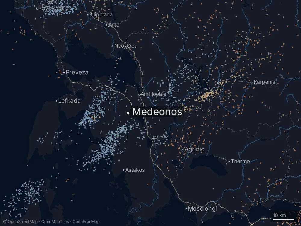 Karte der Blitze bei Medeonos am Mittwoch, 7. Januar 2026