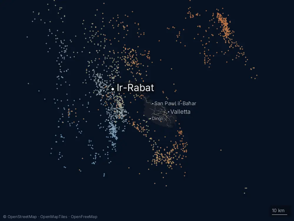 Karte der Blitze bei Ir-Rabat am Freitag, 16. Januar 2026