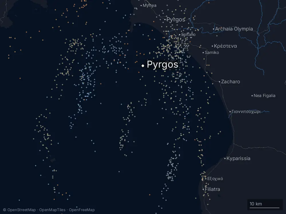 Karte der Blitze bei Pyrgos am Mittwoch, 21. Januar 2026