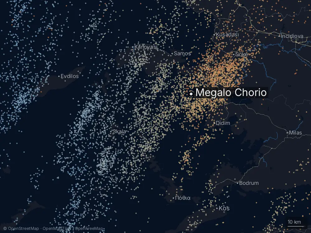 Karte der Blitze bei Megalo Chorio am Donnerstag, 22. Januar 2026