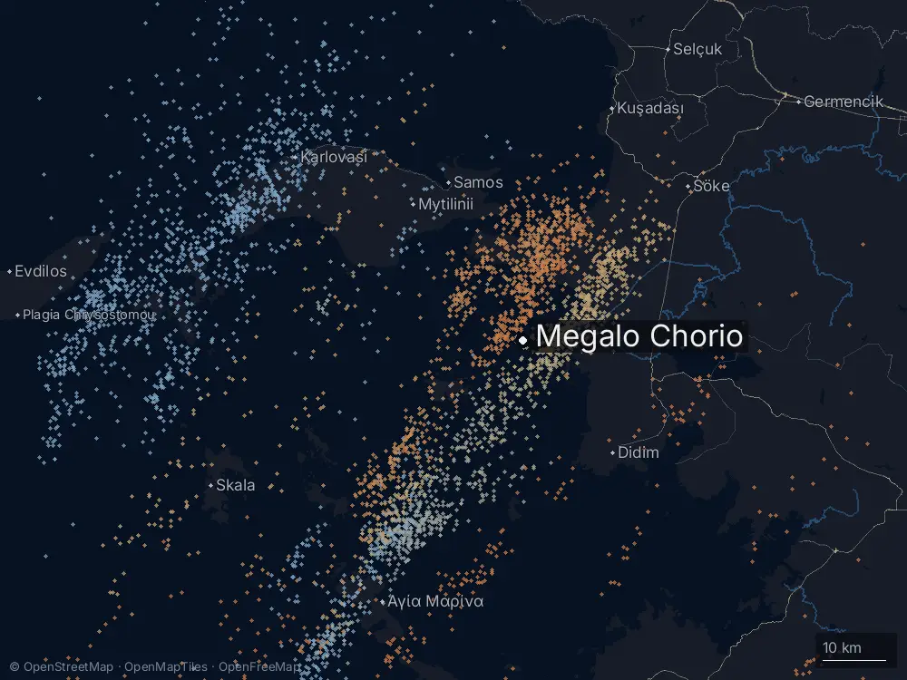 Karte der Blitze bei Megalo Chorio am Donnerstag, 5. Februar 2026