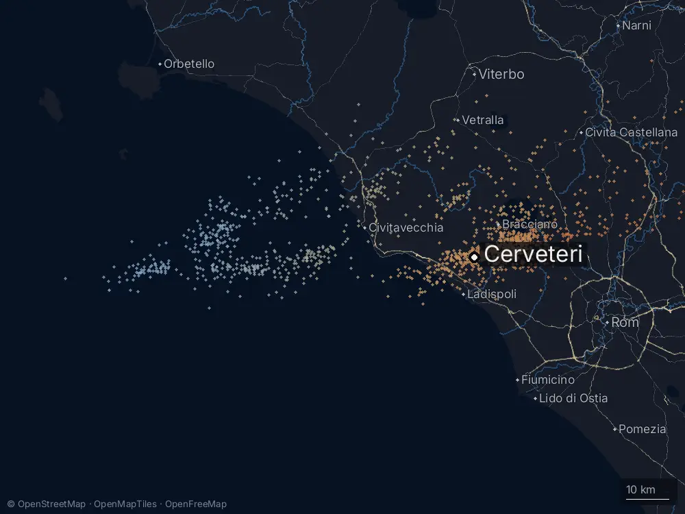 Karte der Blitze bei Cerveteri am Freitag, 6. Februar 2026