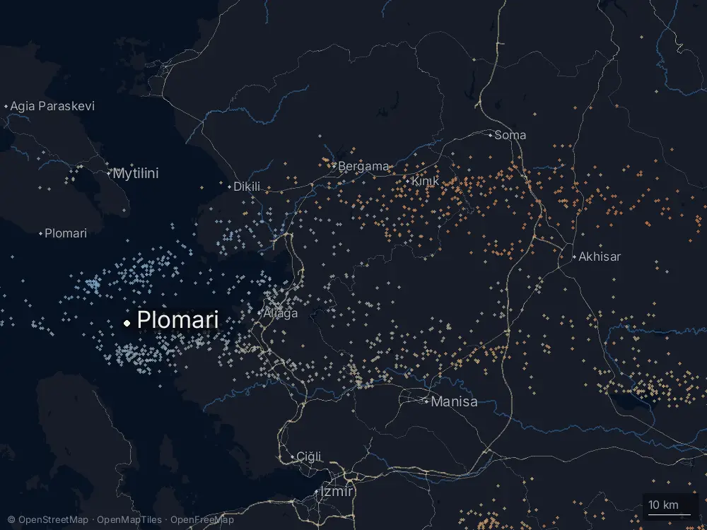 Karte der Blitze bei Plomari am Freitag, 6. Februar 2026