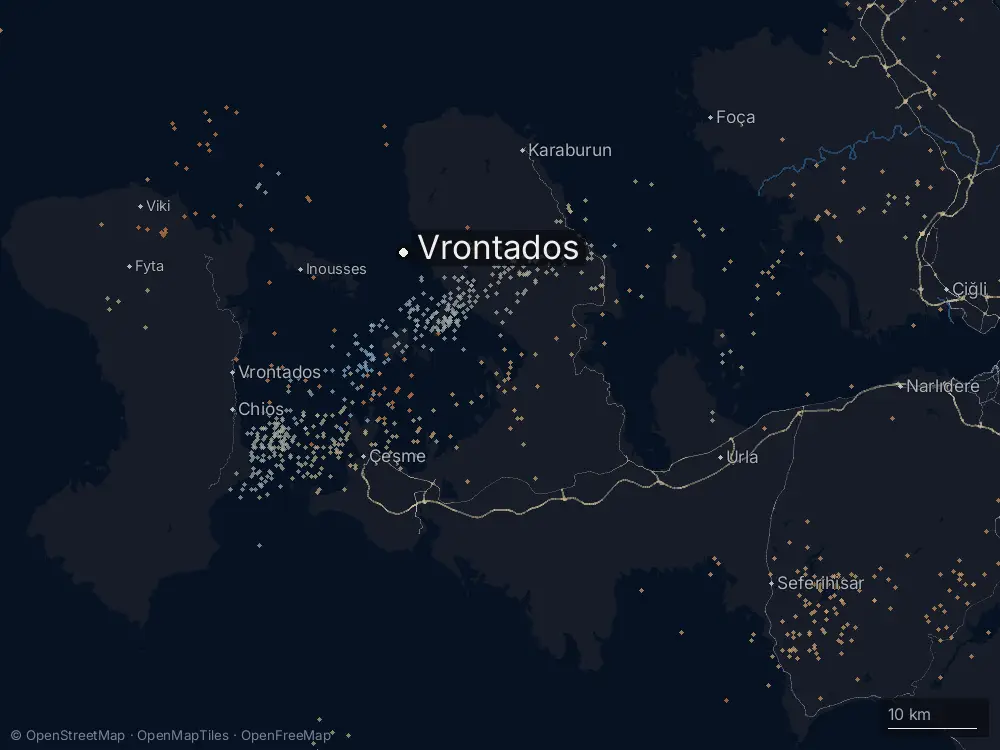 Karte der Blitze bei Vrontados am Montag, 9. Februar 2026