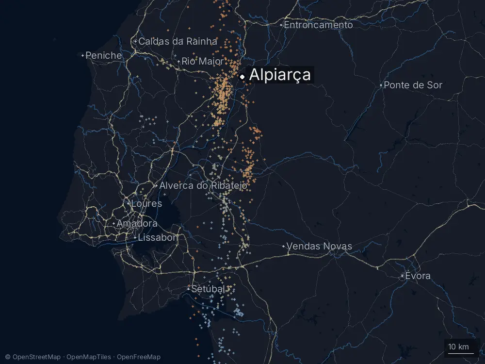 Karte der Blitze bei Alpiarça am Montag, 2. März 2026