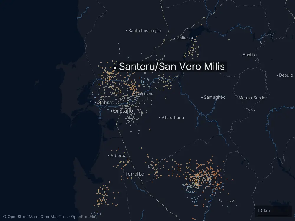 Karte der Blitze bei Santeru/San Vero Milis am Samstag, 7. März 2026