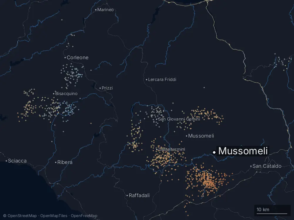 Karte der Blitze bei Mussomeli am Sonntag, 8. März 2026