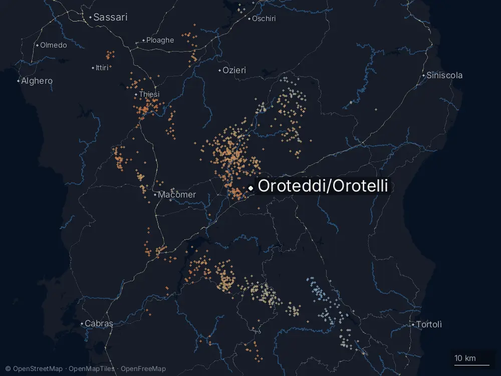 Karte der Blitze bei Oroteddi/Orotelli am Sonntag, 8. März 2026