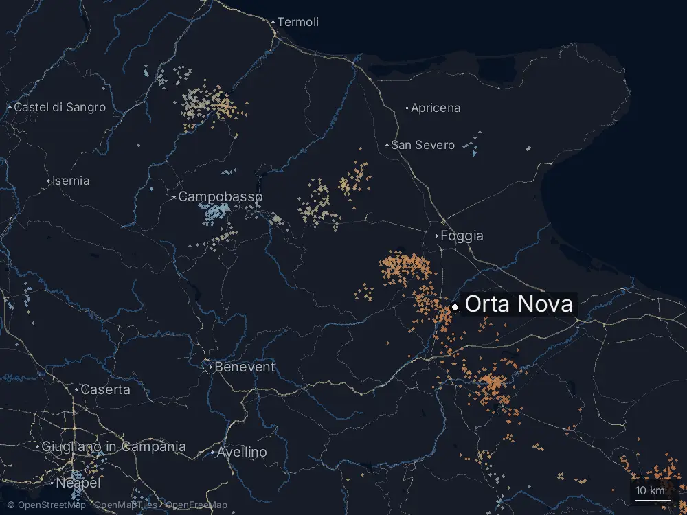 Karte der Blitze bei Orta Nova am Donnerstag, 12. März 2026