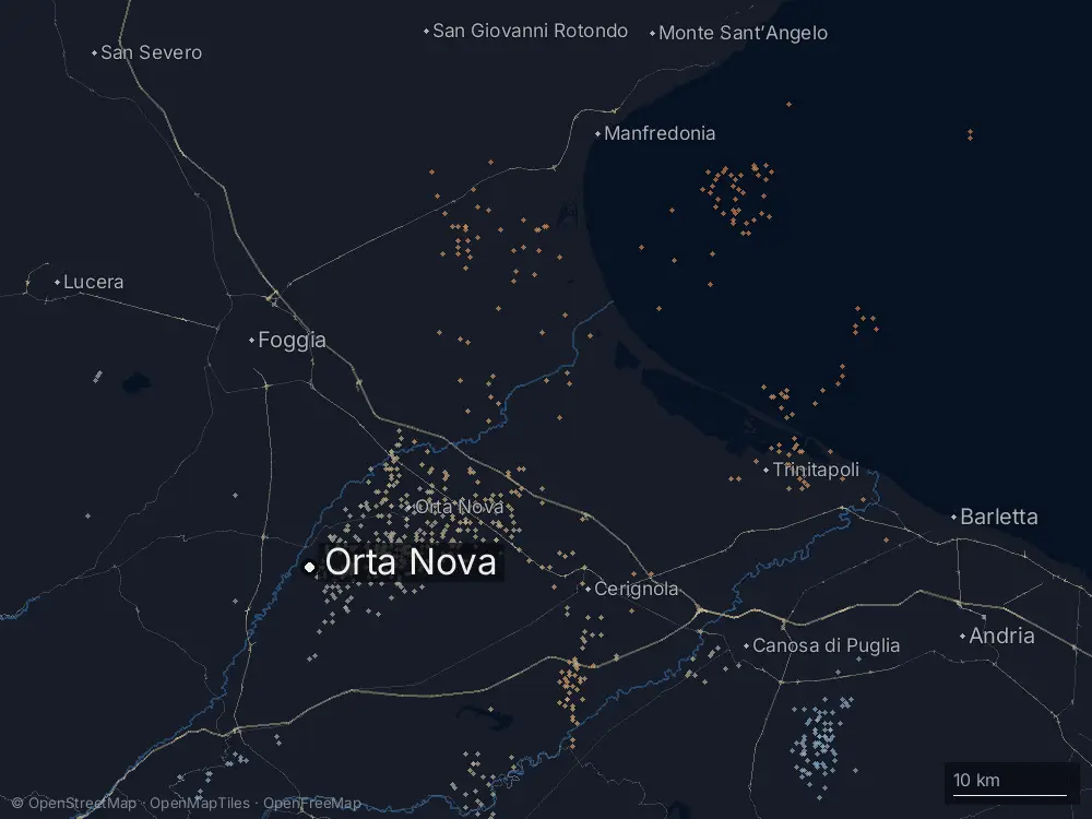 Karte der Blitze bei Orta Nova am Samstag, 14. März 2026