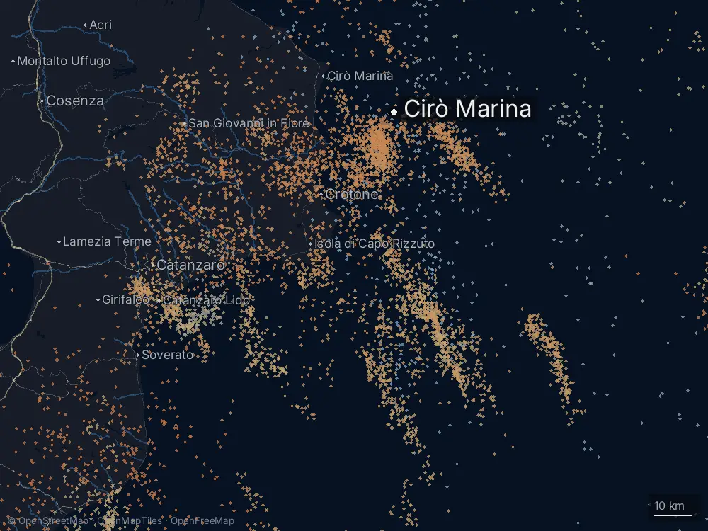Karte der Blitze bei Cirò Marina am Montag, 16. März 2026
