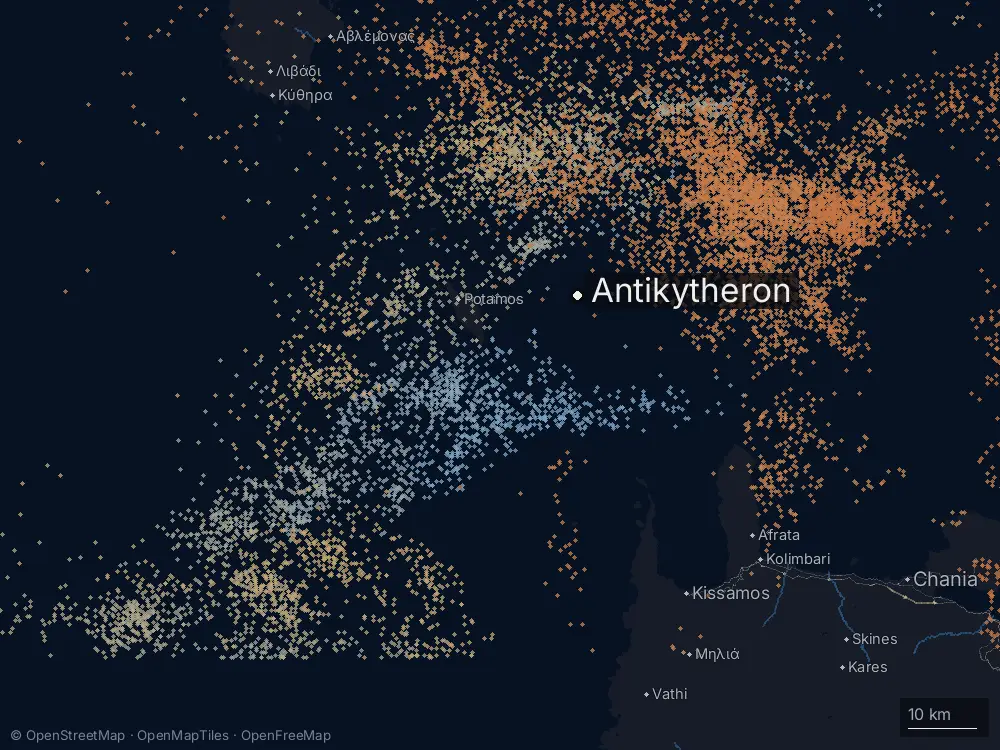Karte der Blitze bei Antikytheron am Mittwoch, 18. März 2026