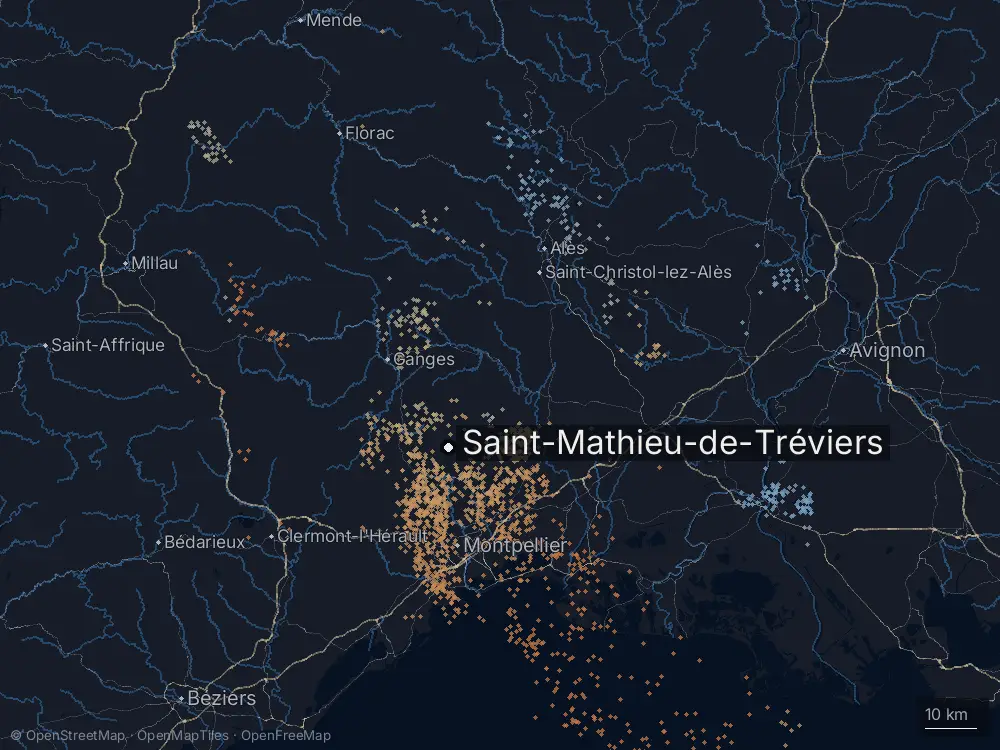 Karte der Blitze bei Saint-Mathieu-de-Tréviers am Sonntag, 22. März 2026