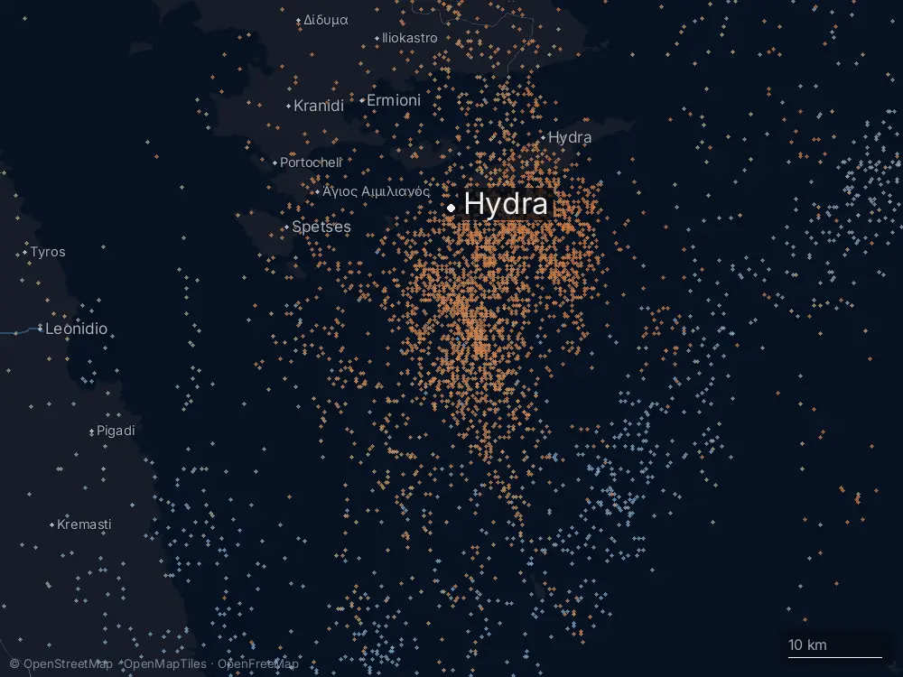 Karte der Blitze bei Hydra am Mittwoch, 1. April 2026