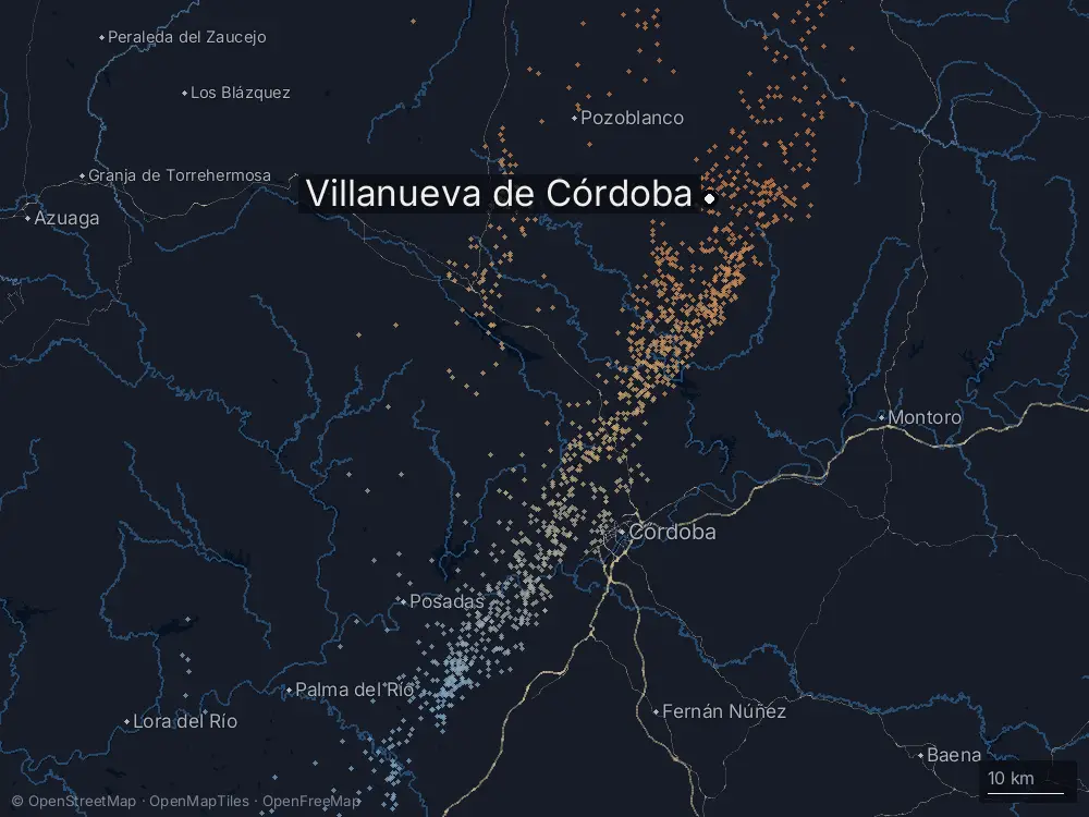 Karte der Blitze bei Villanueva de Córdoba am Dienstag, 7. April 2026