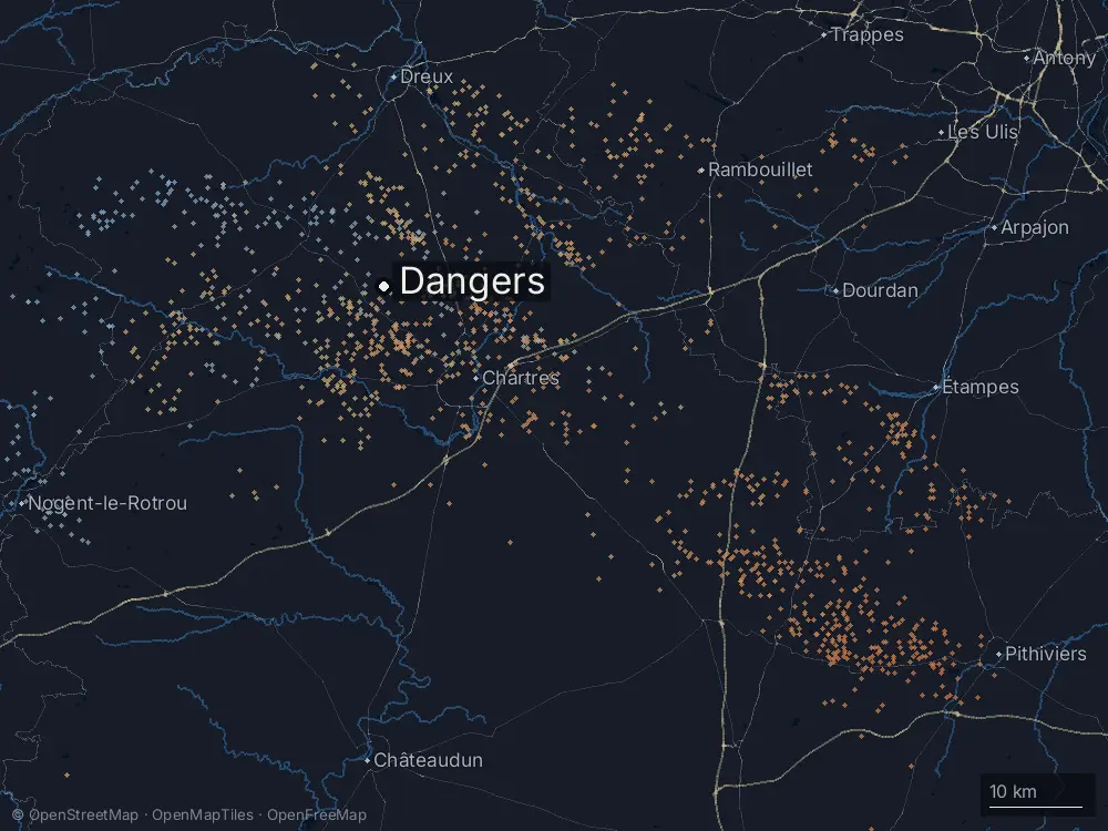 Karte der Blitze bei Dangers am Donnerstag, 9. April 2026