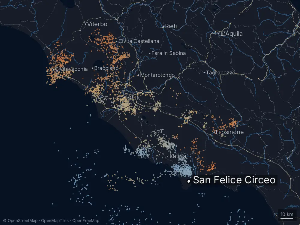 Karte der Blitze bei San Felice Circeo am Mittwoch, 15. April 2026