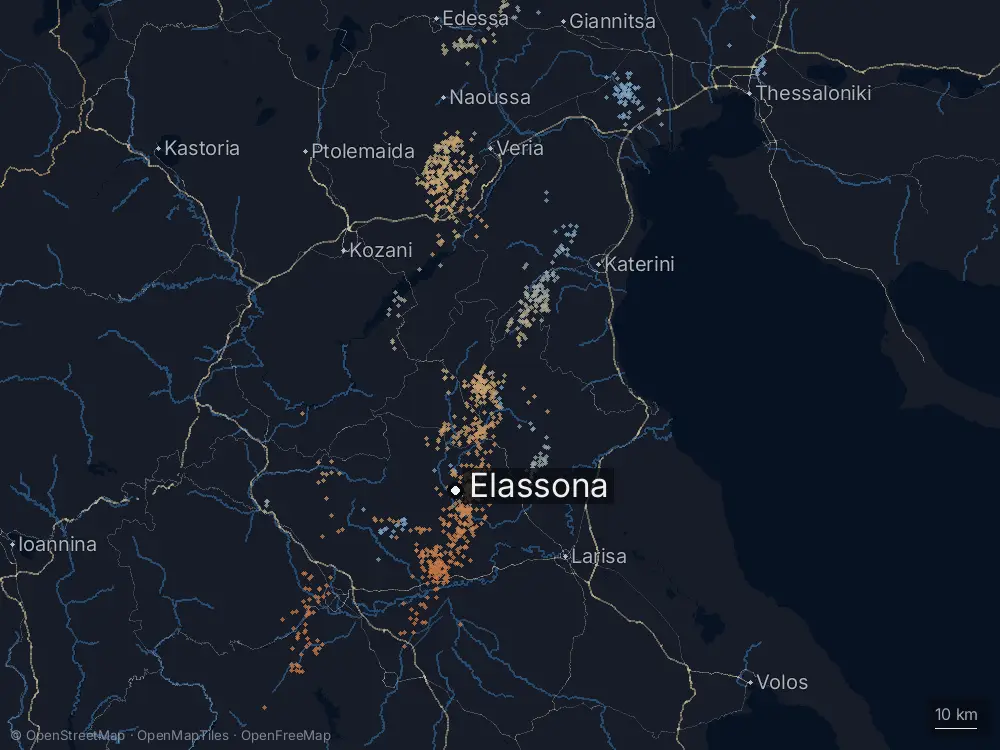 Karte der Blitze bei Elassona am Samstag, 18. April 2026