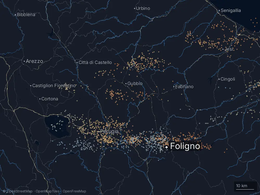 Karte der Blitze bei Foligno am Montag, 20. April 2026
