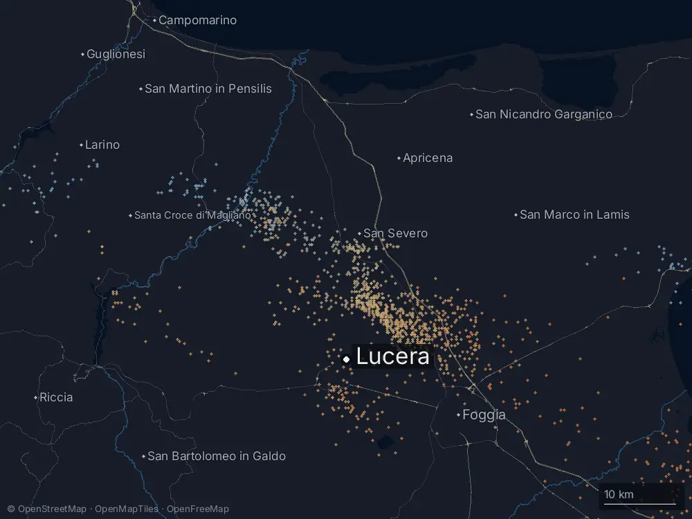 Karte der Blitze bei Lucera am Dienstag, 21. April 2026