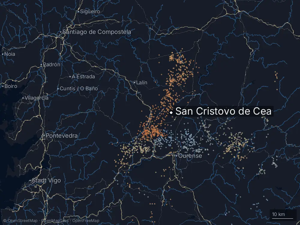 Karte der Blitze bei San Cristovo de Cea am Sonntag, 26. April 2026