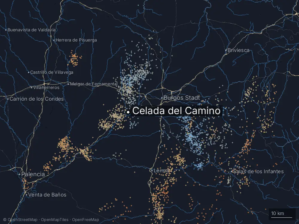Karte der Blitze bei Celada del Camino am Montag, 27. April 2026