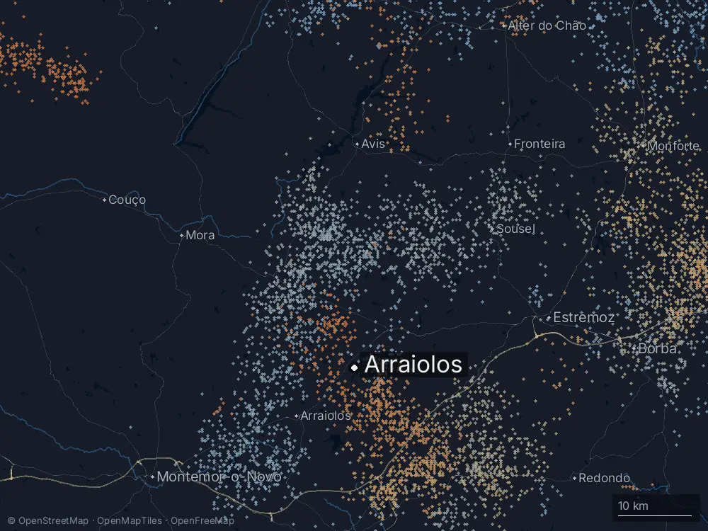 Karte der Blitze bei Arraiolos am Dienstag, 28. April 2026