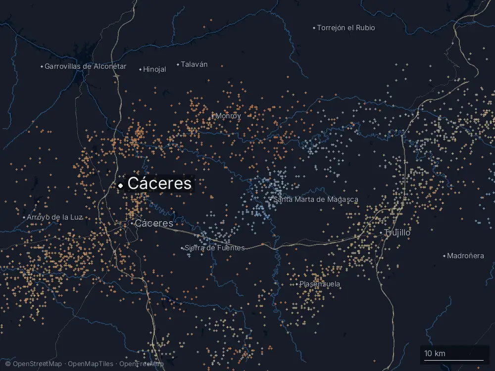 Karte der Blitze bei Cáceres am Dienstag, 28. April 2026
