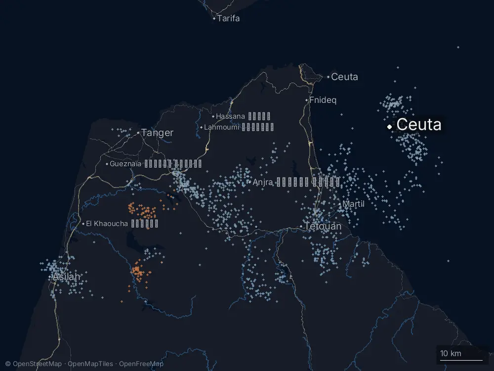 Karte der Blitze bei Ceuta am Dienstag, 28. April 2026