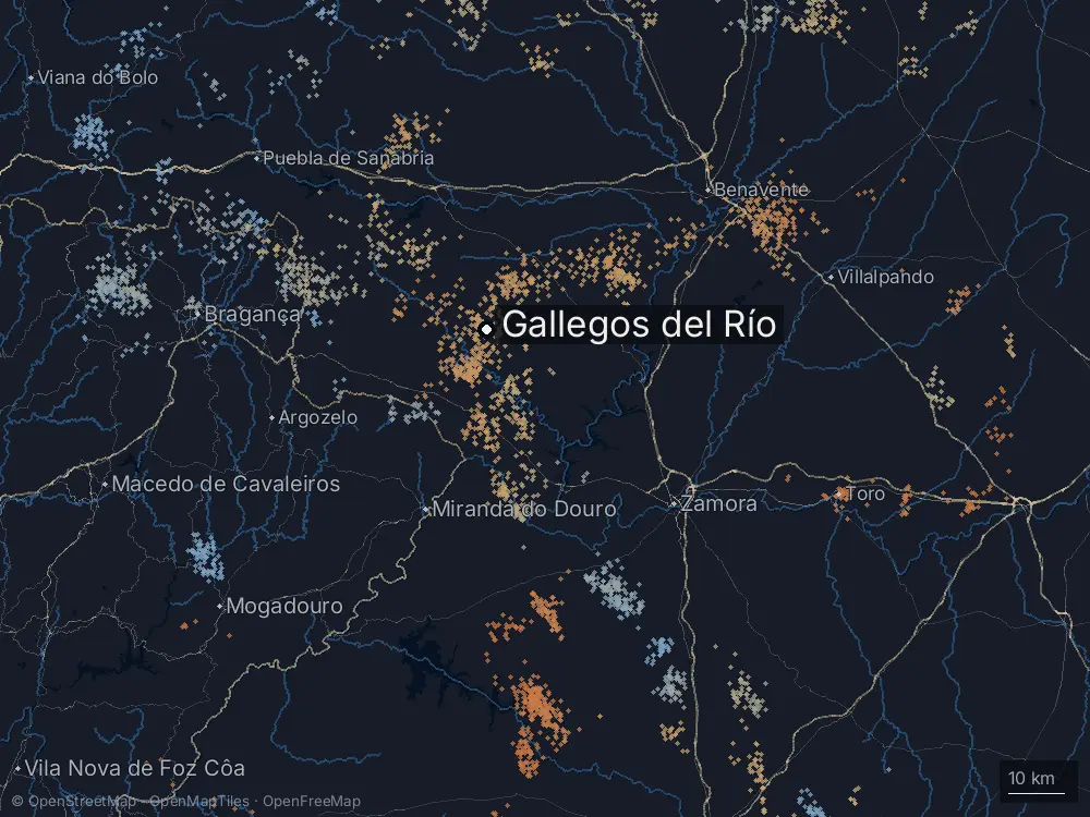 Karte der Blitze bei Gallegos del Río am Dienstag, 28. April 2026
