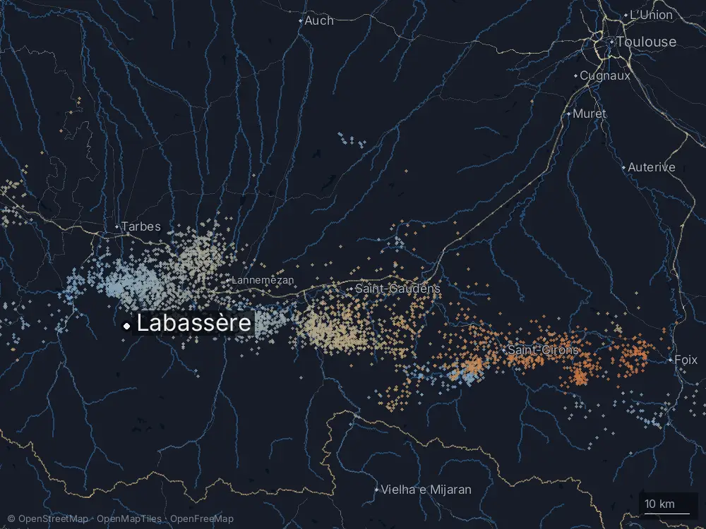 Karte der Blitze bei Labassère am Dienstag, 28. April 2026