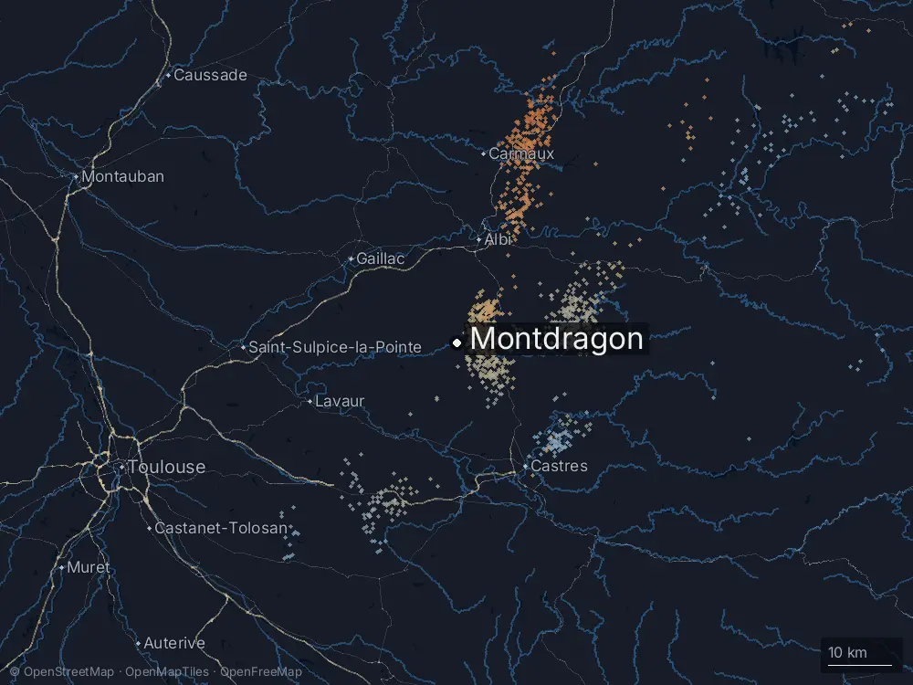 Karte der Blitze bei Montdragon am Dienstag, 28. April 2026