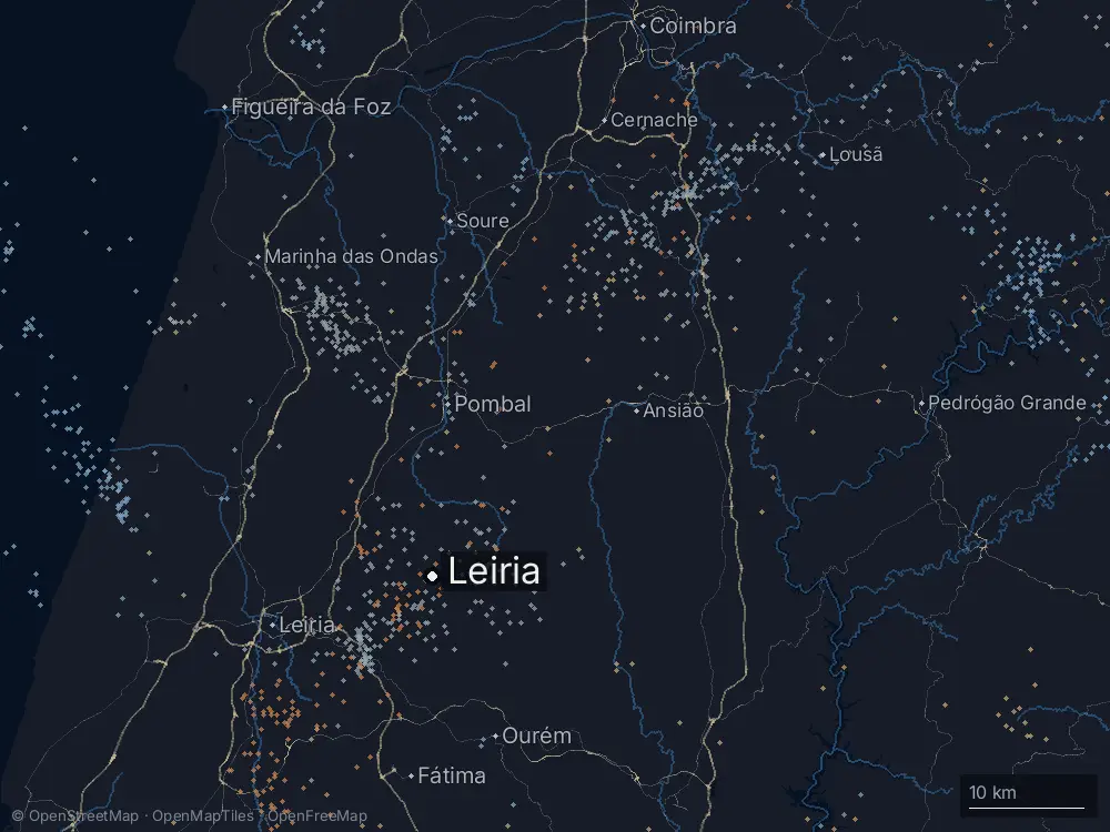 Karte der Blitze bei Leiria am Mittwoch, 29. April 2026