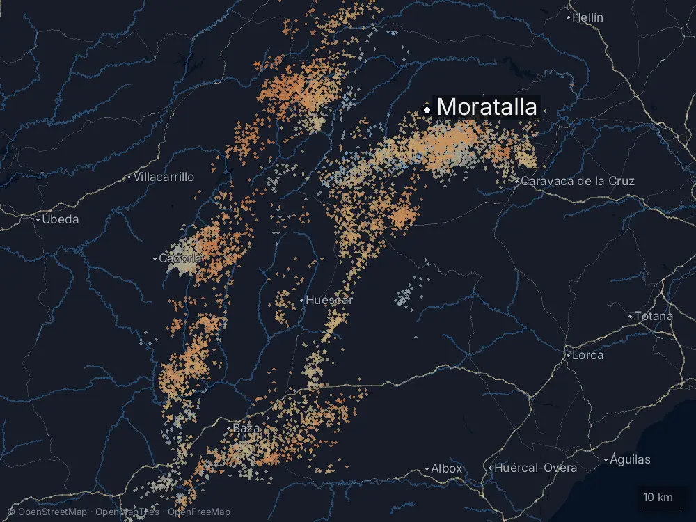 Karte der Blitze bei Moratalla am Mittwoch, 29. April 2026