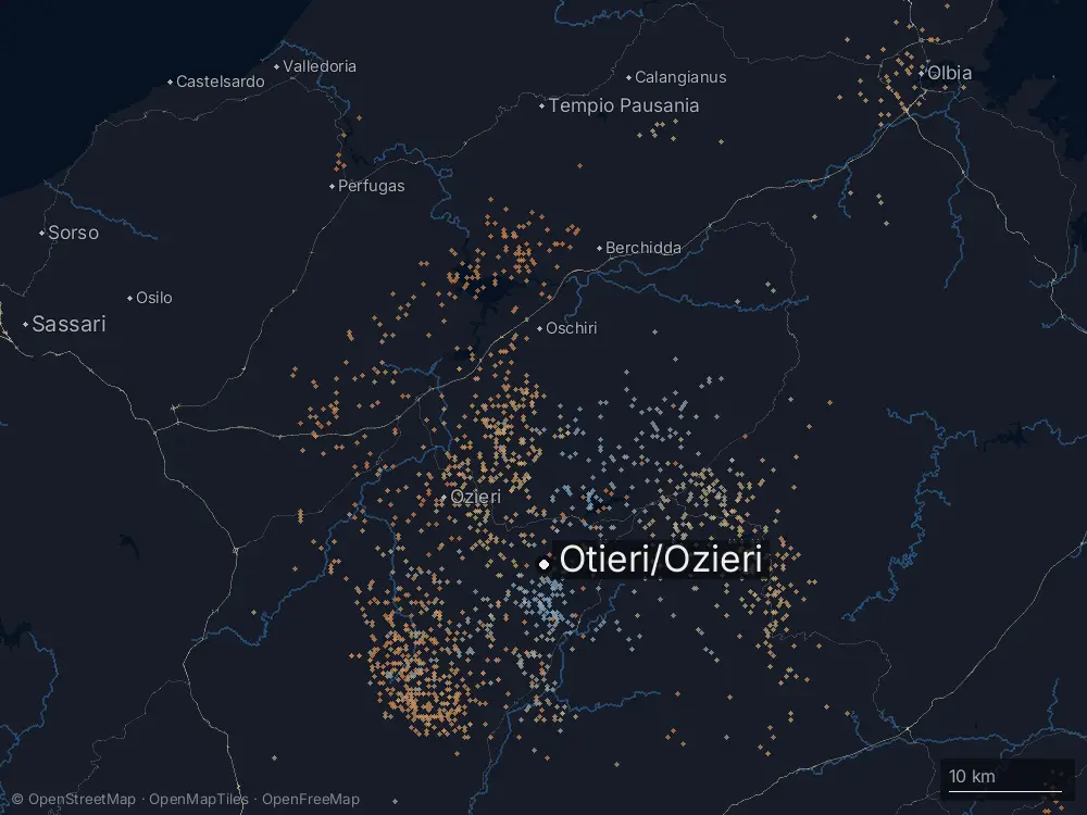 Karte der Blitze bei Otieri/Ozieri am Mittwoch, 29. April 2026