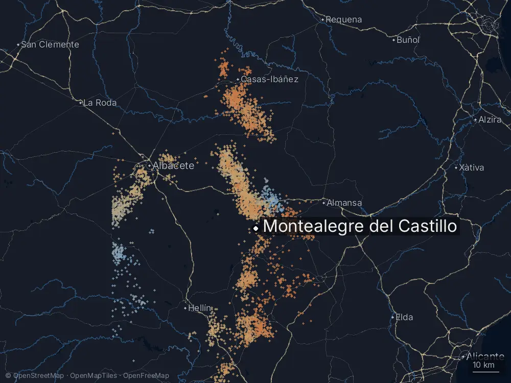 Karte der Blitze bei Montealegre del Castillo am Donnerstag, 30. April 2026