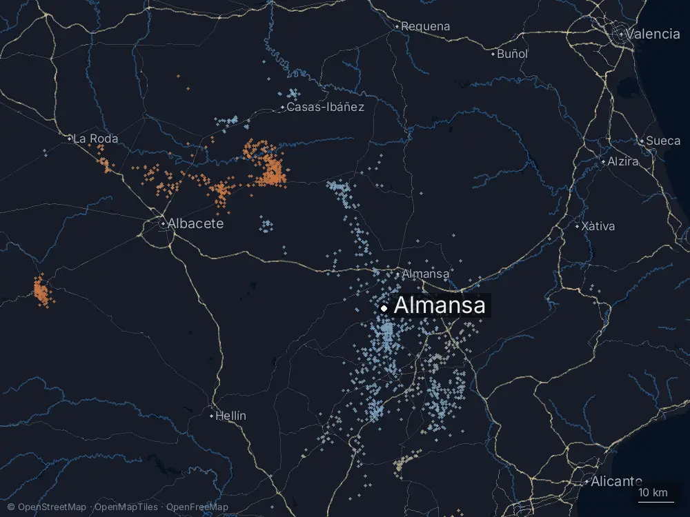 Karte der Blitze bei Almansa am Freitag, 1. Mai 2026