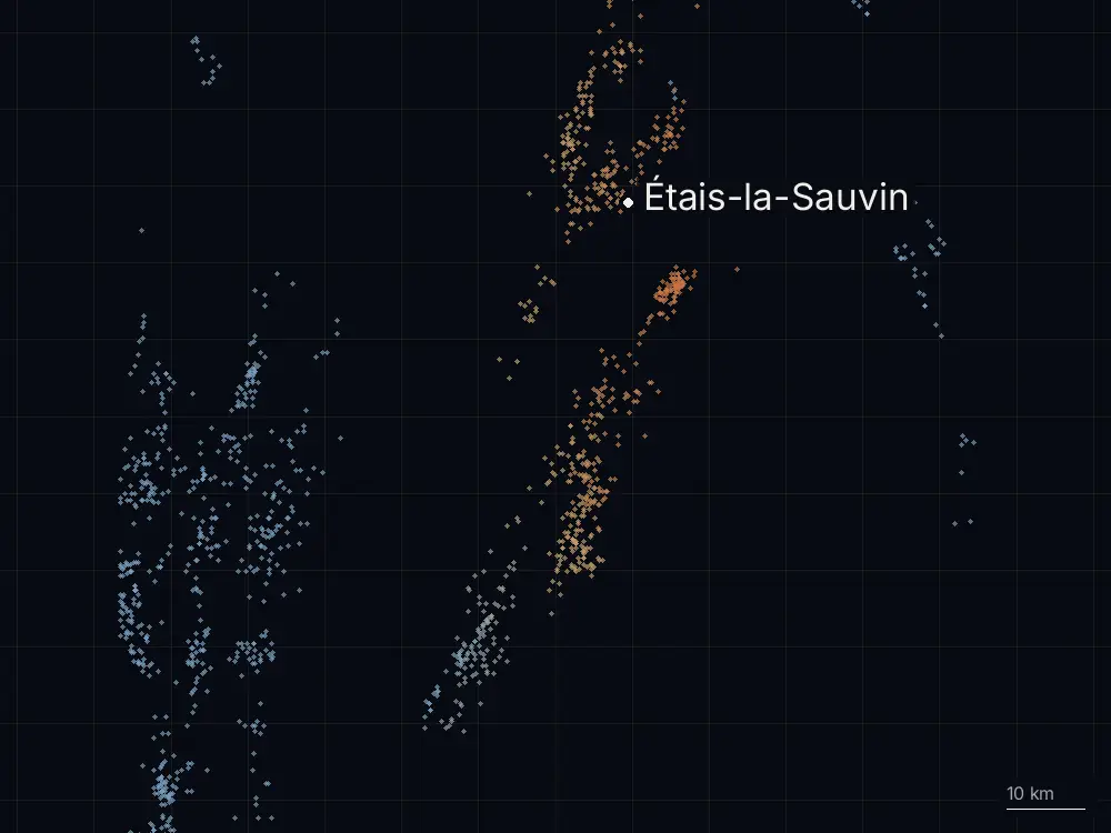 Karte der Blitze bei Étais-la-Sauvin am Freitag, 1. Mai 2026
