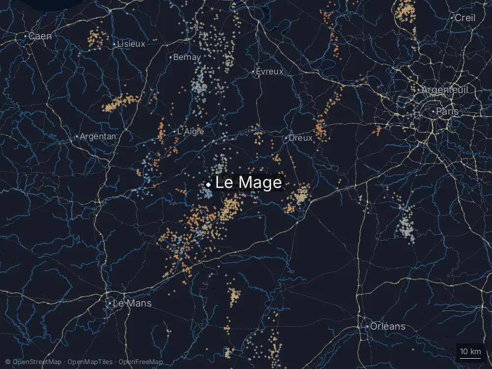 Karte der Blitze bei Le Mage am Freitag, 1. Mai 2026
