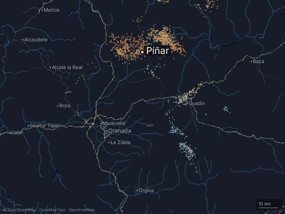 Karte der Blitze bei Píñar am Freitag, 1. Mai 2026