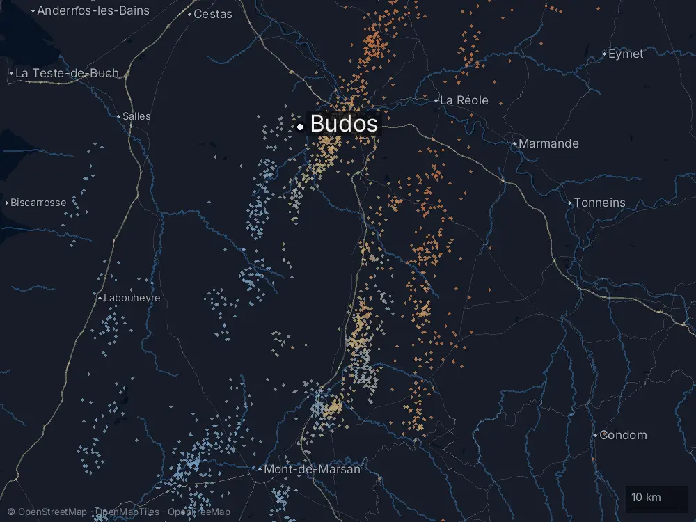 Karte der Blitze bei Budos am Samstag, 2. Mai 2026