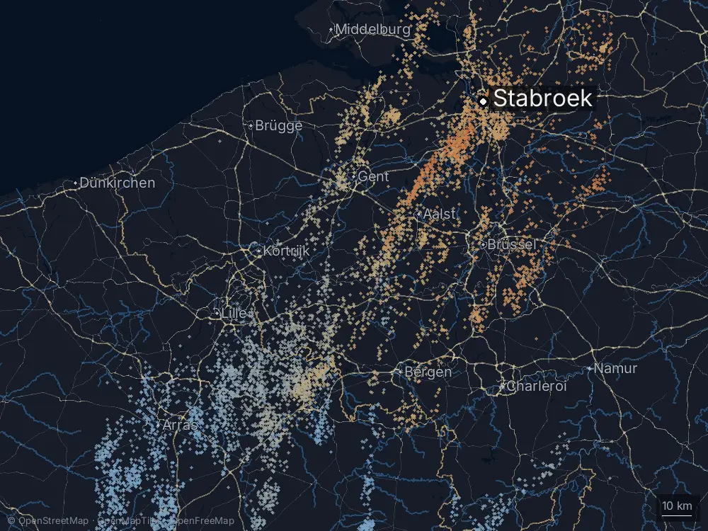 Karte der Blitze bei Stabroek am Samstag, 2. Mai 2026