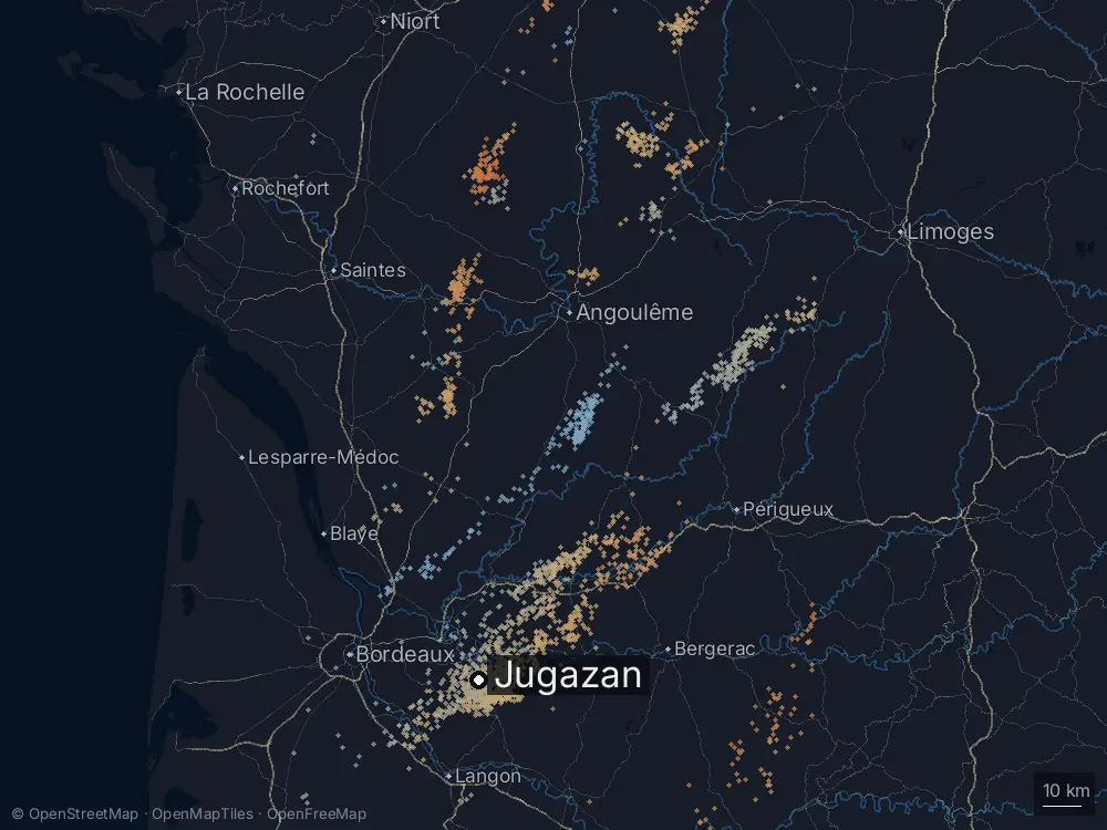 Karte der Blitze bei Jugazan am Sonntag, 3. Mai 2026