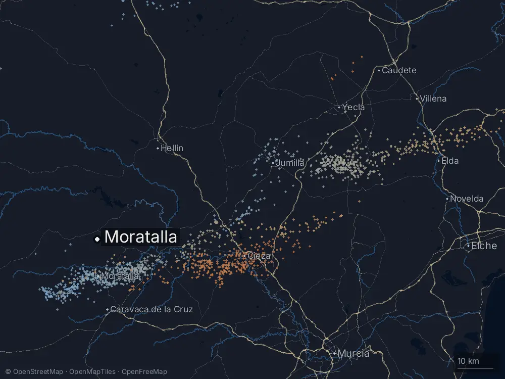Karte der Blitze bei Moratalla am Sonntag, 3. Mai 2026