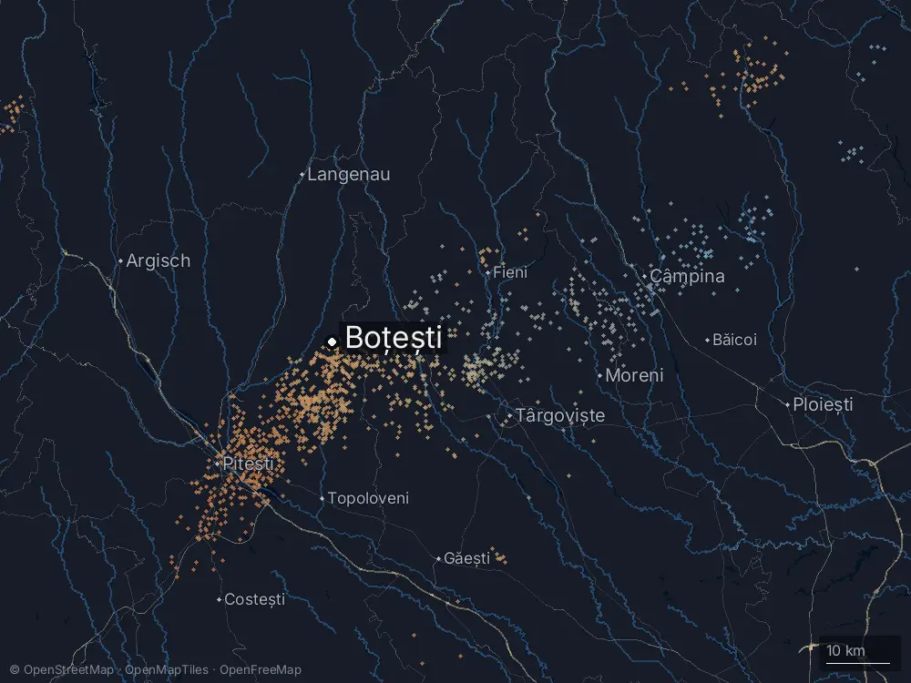 Karte der Blitze bei Boțești am Dienstag, 5. Mai 2026