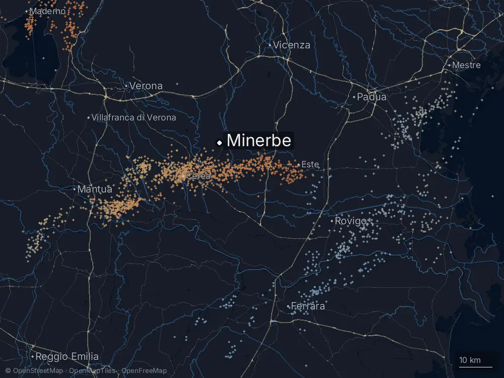 Karte der Blitze bei Minerbe am Mittwoch, 6. Mai 2026