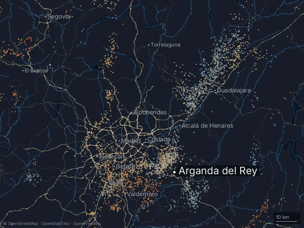 Karte der Blitze bei Arganda del Rey am Donnerstag, 7. Mai 2026