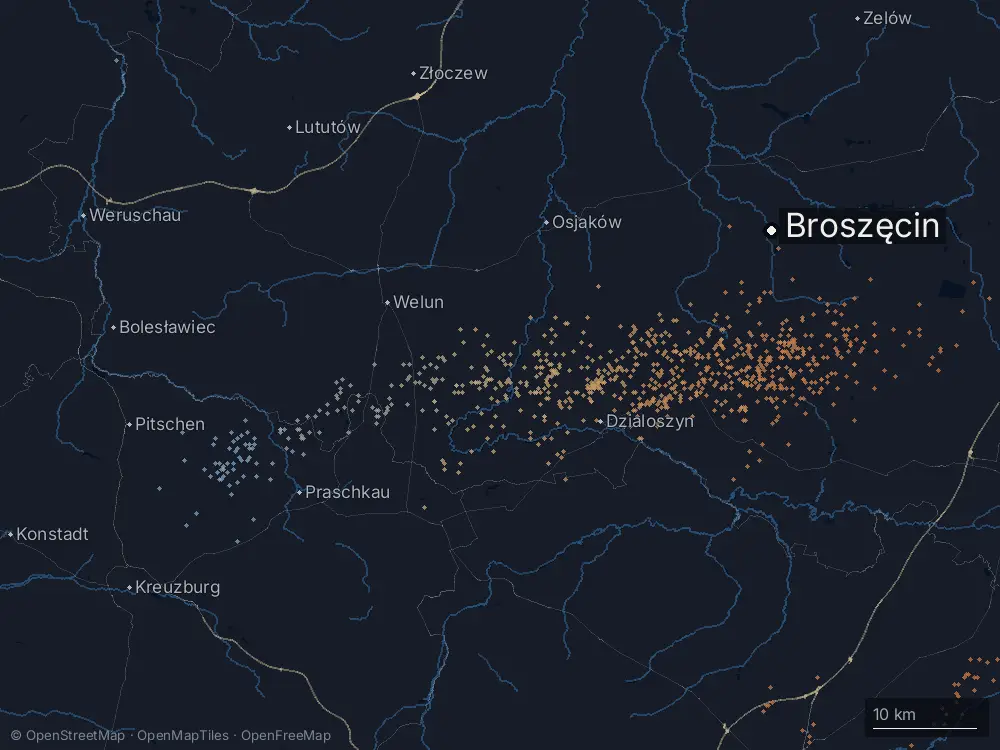 Karte der Blitze bei Broszęcin am Donnerstag, 7. Mai 2026