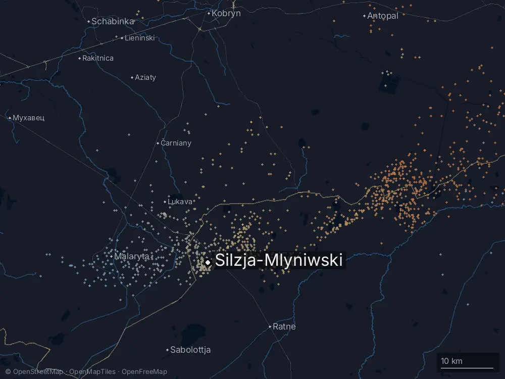 Karte der Blitze bei Silzja-Mlyniwski am Donnerstag, 7. Mai 2026